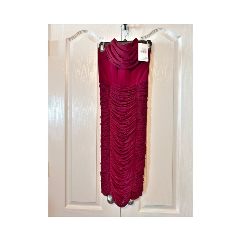 Lavish Alice Mesh Corset Ruched Strapless Midi Dress in Burgundy Size 4 NWT